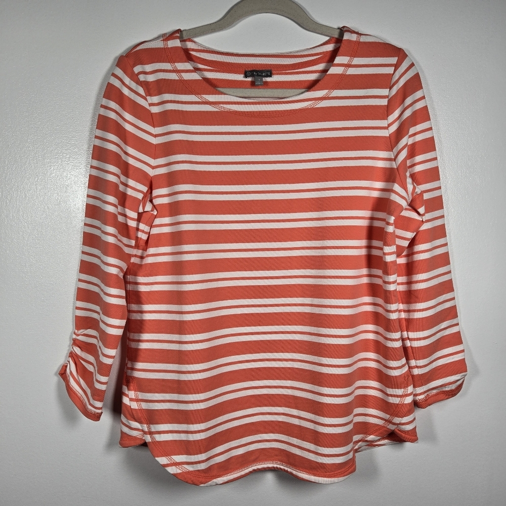 T By Talbots Orange White Stripe Cotton Stretch Tulip Hem Pullover Top Medium